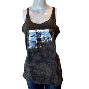 Game Day Women Racerback Tank Top Tie Dye Sleeveless Beaded Black Brown Size L